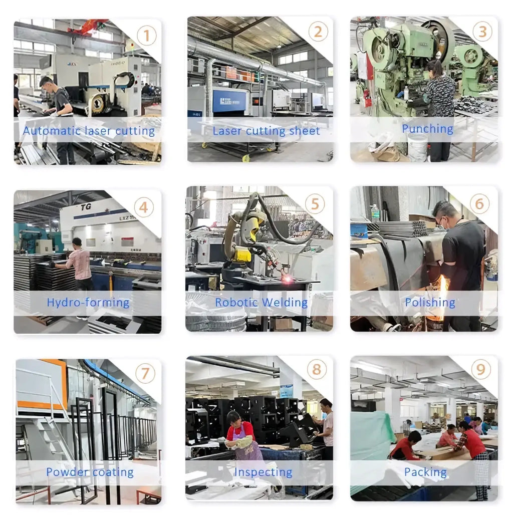 Grid of nine panels showing the manufacturing stages of a pencil shaped acrylic stationery display stand in a factory