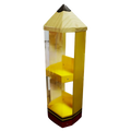 Yellow pencil shaped acrylic stationery display stand with wooden top, clear acrylic sides, and red base