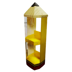 Yellow pencil shaped acrylic stationery display stand with wooden top, clear acrylic sides, and red base