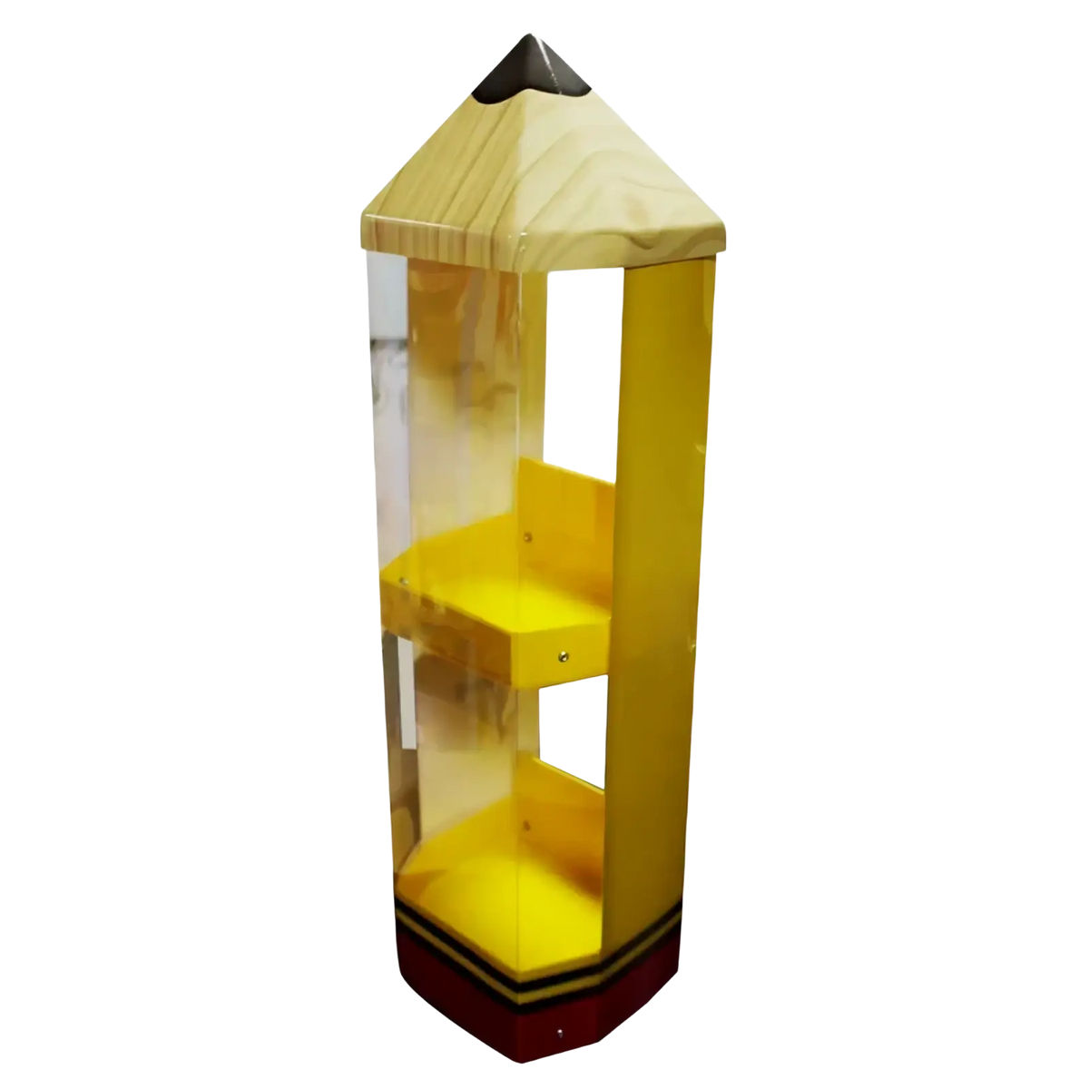 Yellow pencil shaped acrylic stationery display stand with wooden top, clear acrylic sides, and red base