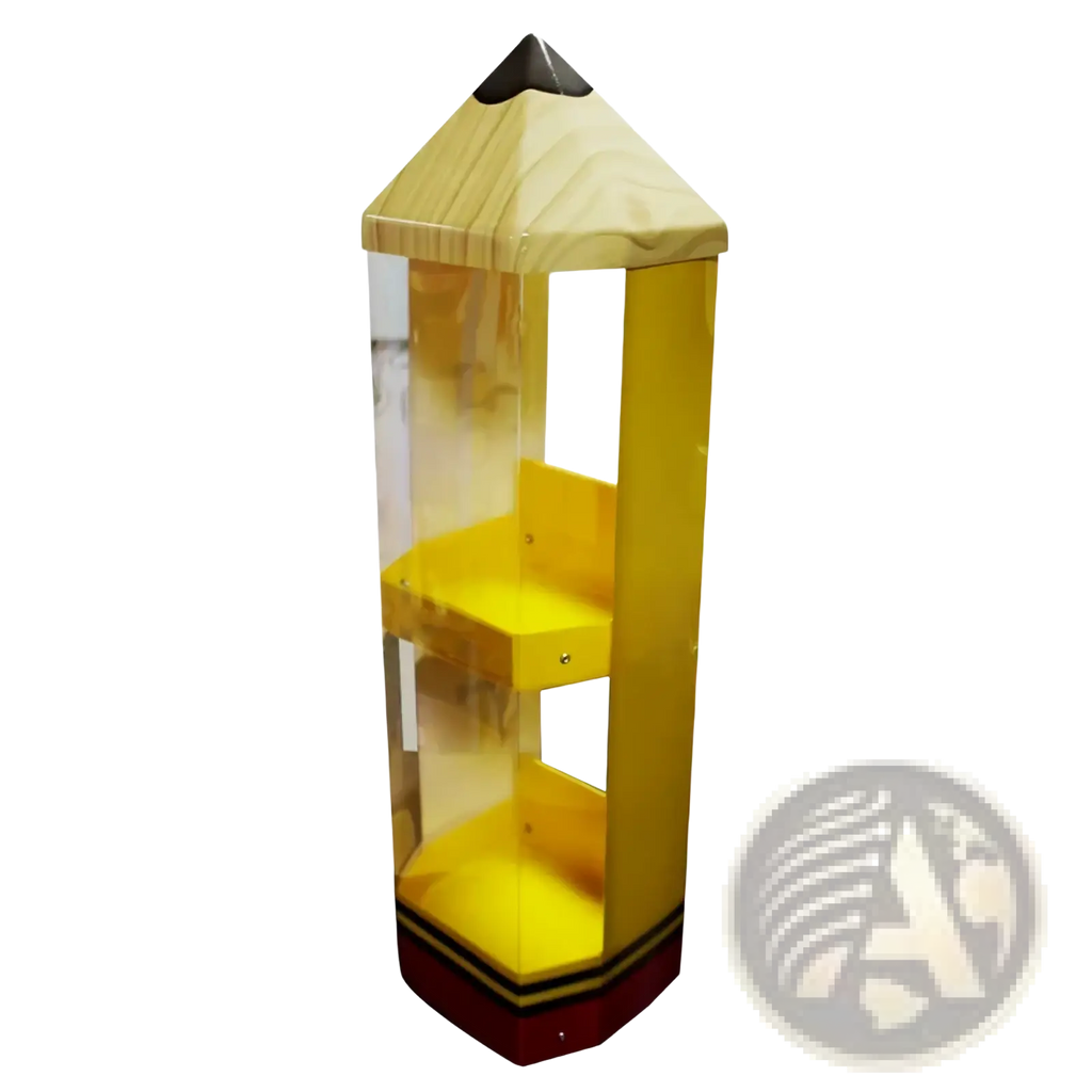 Yellow pencil shaped acrylic stationery display stand with wooden top, clear acrylic sides, and red base