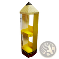 Yellow pencil shaped acrylic stationery display stand with wooden top, clear acrylic sides, and red base