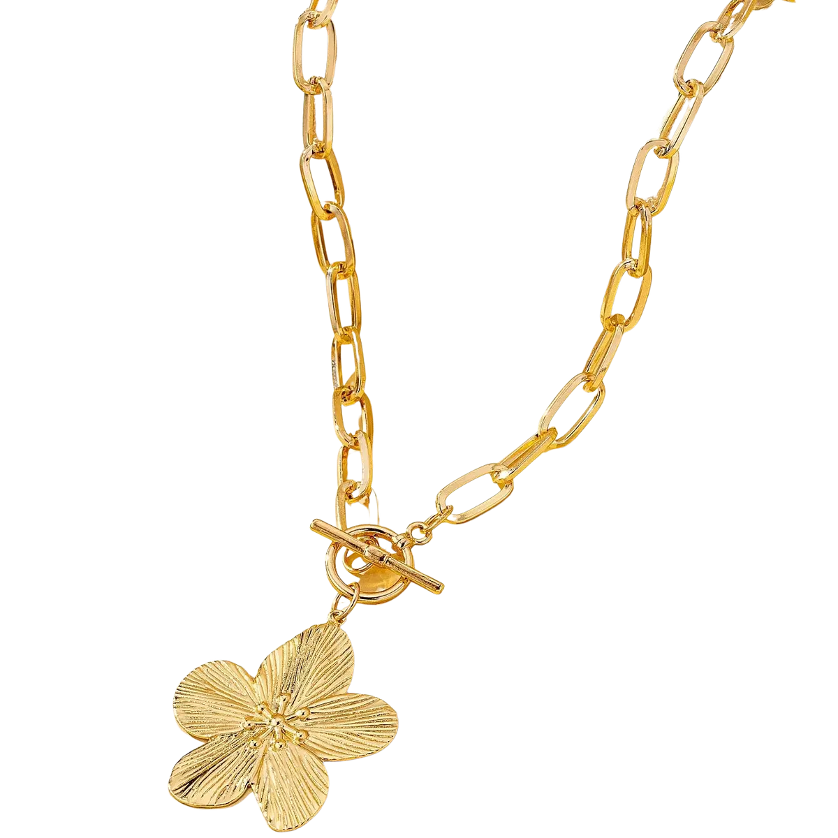 Gold-toned pendant necklace with a detailed five-petal wisteria flower pendant and toggle clasp for women vintage style