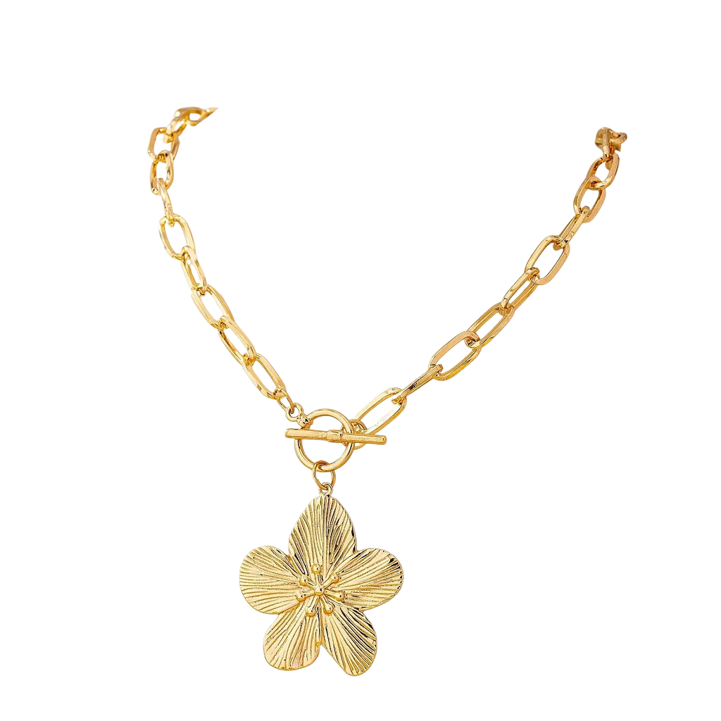Gold-toned pendant necklace wisteria flower with a textured five-petal flower pendant and toggle clasp for women vintage style