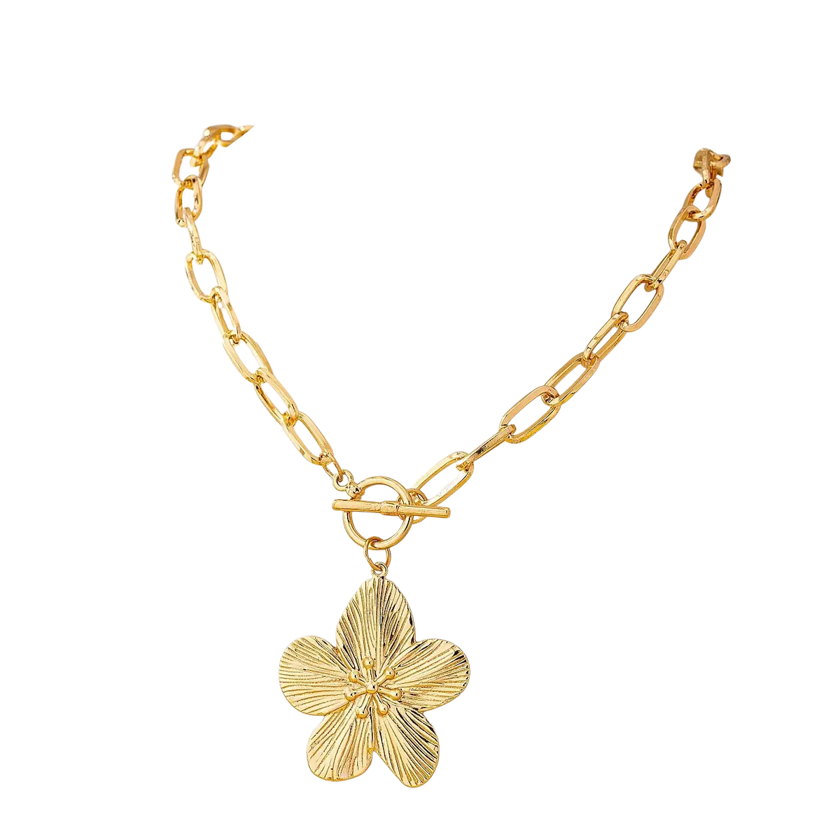 Gold-toned pendant necklace wisteria flower with a textured five-petal flower pendant and toggle clasp for women vintage style