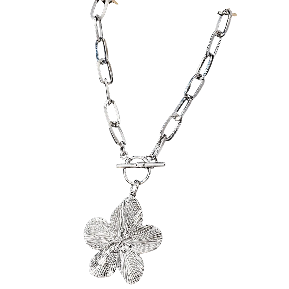 Silver pendant necklace with vintage wisteria flower featuring textured petals and a central gemstone accent