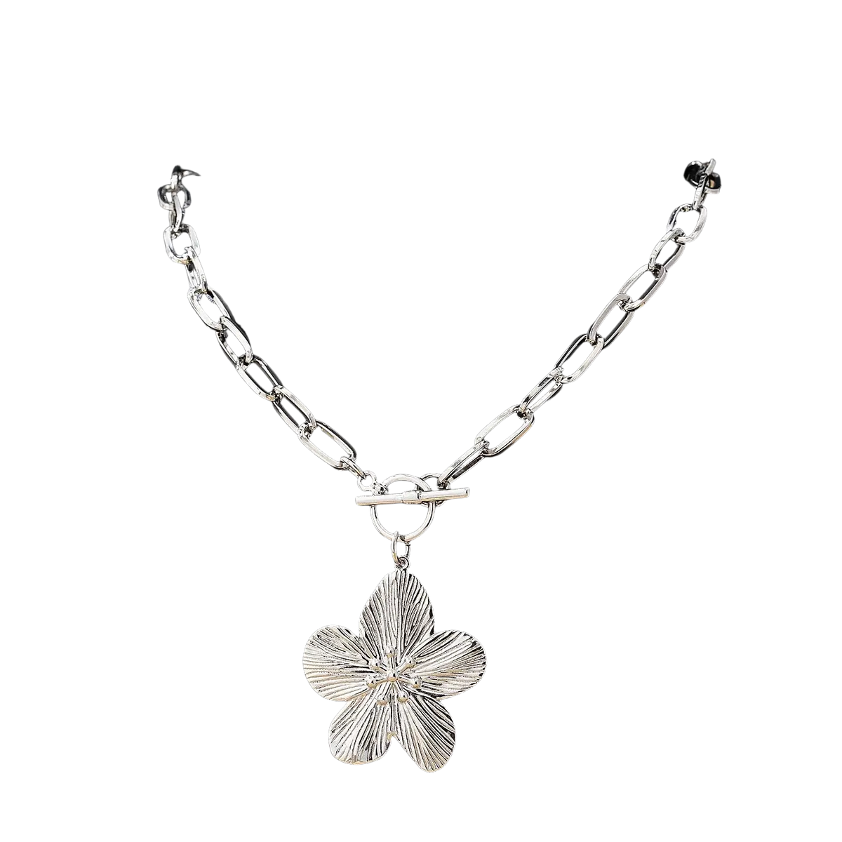 Silver pendant necklace featuring a textured five-petal wisteria flower pendant with toggle clasp for women vintage style