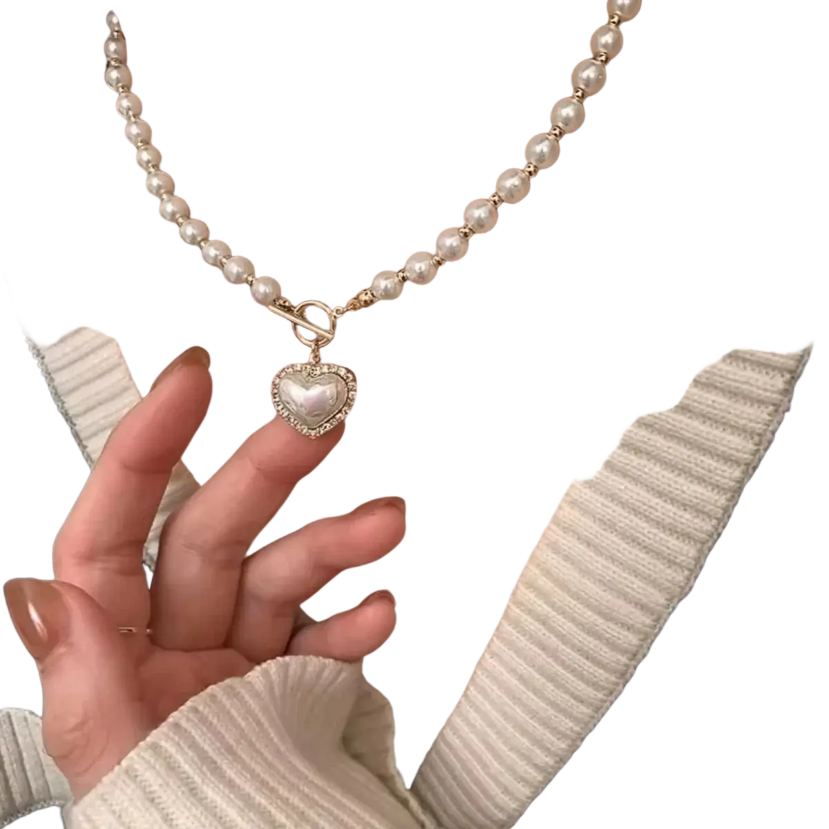 Delicate pendant necklace featuring white simulated pearls and a gold-toned heart-shaped choker pendant