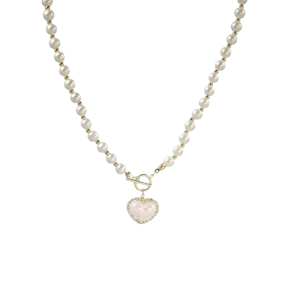 Delicate pendant necklaces featuring creamy white simulated pearls with gold spacers and rose quartz heart pendant