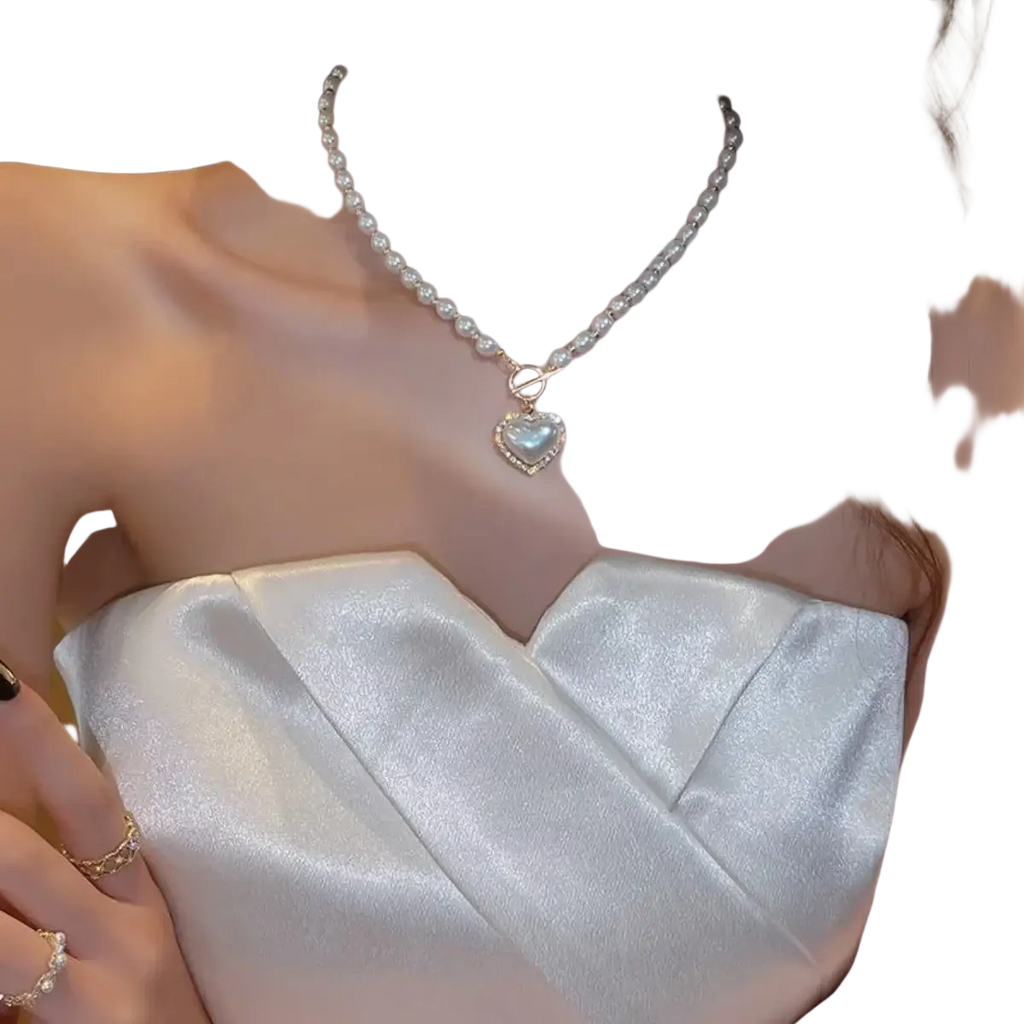 Delicate silver-toned simulated pearl heart choker pendant necklace with blue opal and diamond accents