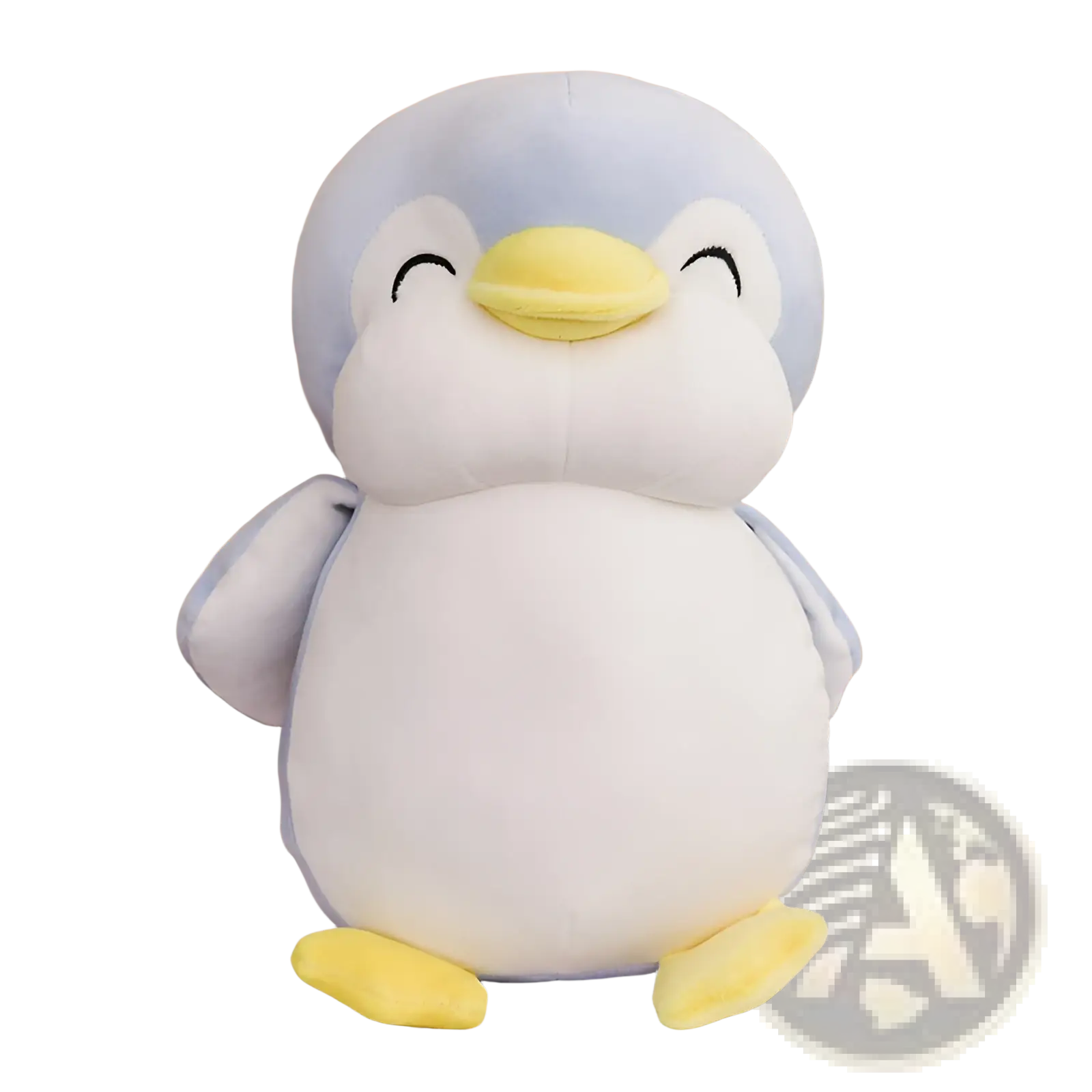 Soft stuffed penguin plush toy with light blue head wings white body yellow beak feet and serene closed eyes for kids