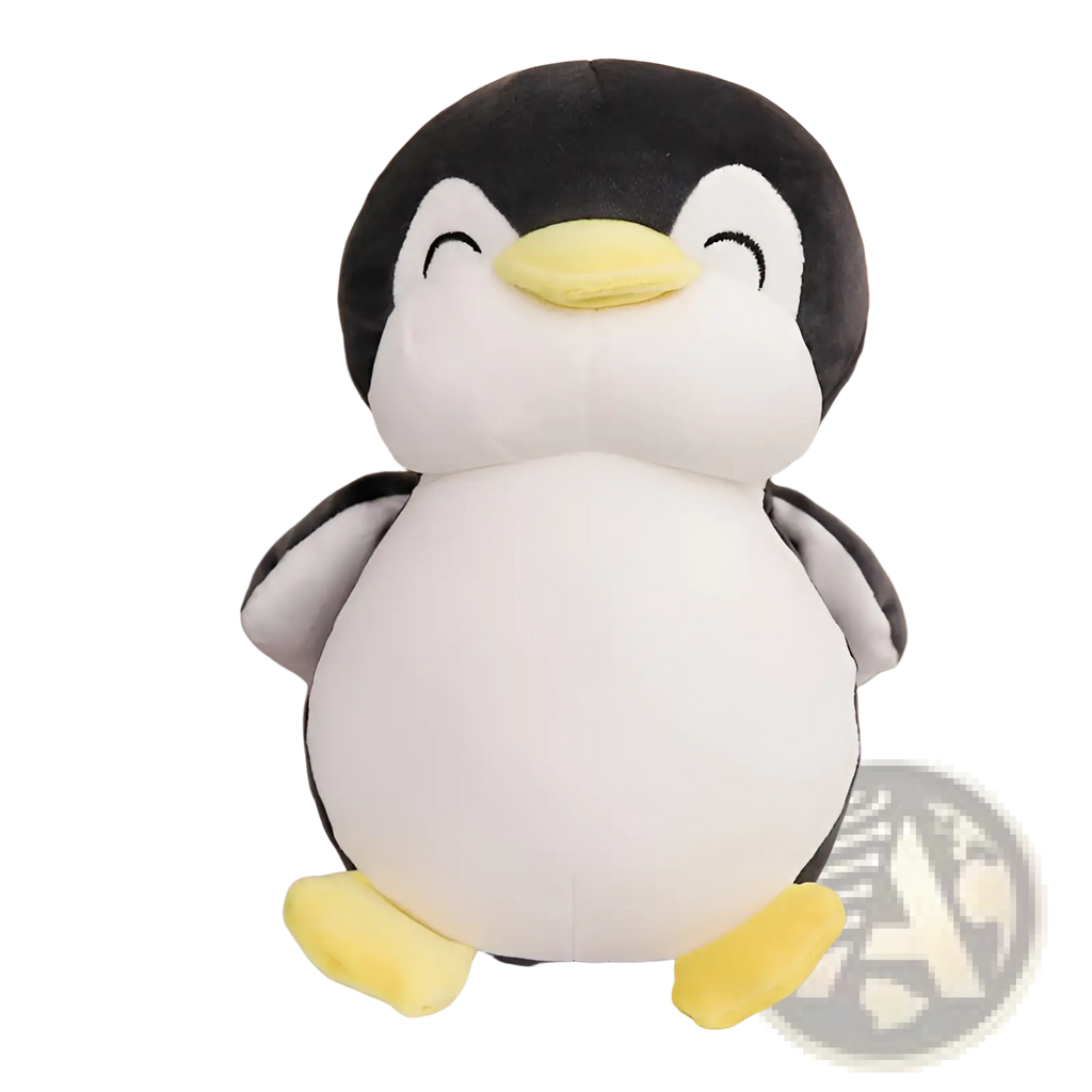 Cute black and white penguin plush toy with yellow beak and feet made of soft fabric for kids