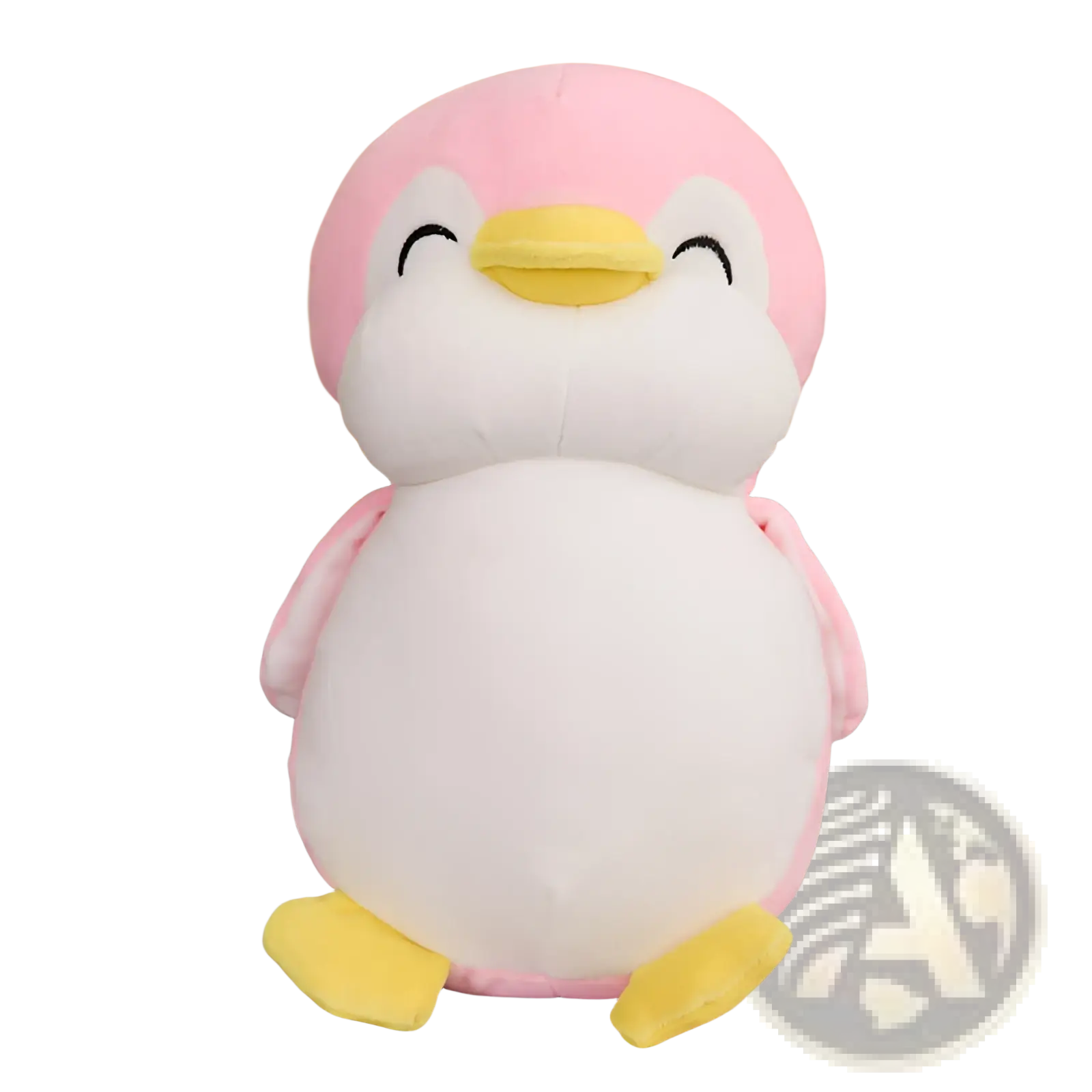 A plush pink and white penguin stuffed animal with yellow beak and feet made of soft fabric for kids