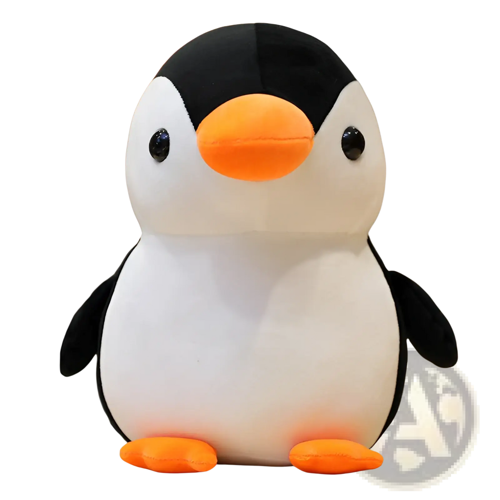 Adorable black-and-white penguin plush toy with bright orange beak and feet made of soft fabric for kids and teens