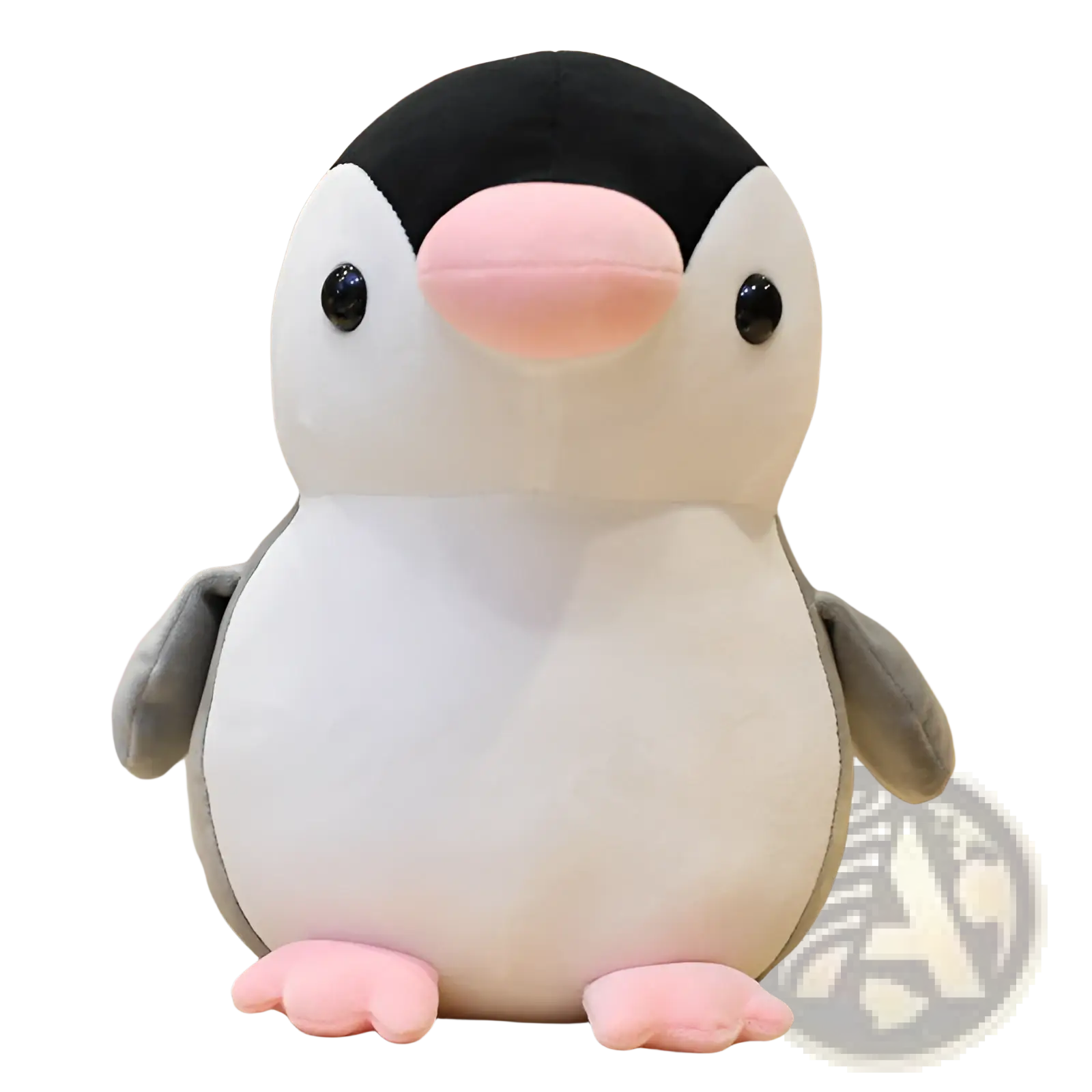 Cute black and white penguin plush toy with pink beak and feet made of soft fabric for kids and teens