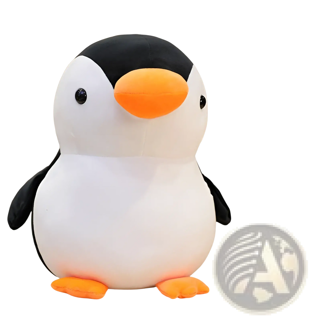 A plush penguin toy with a black head white body orange beak and feet soft stuffed animal for kids and teens