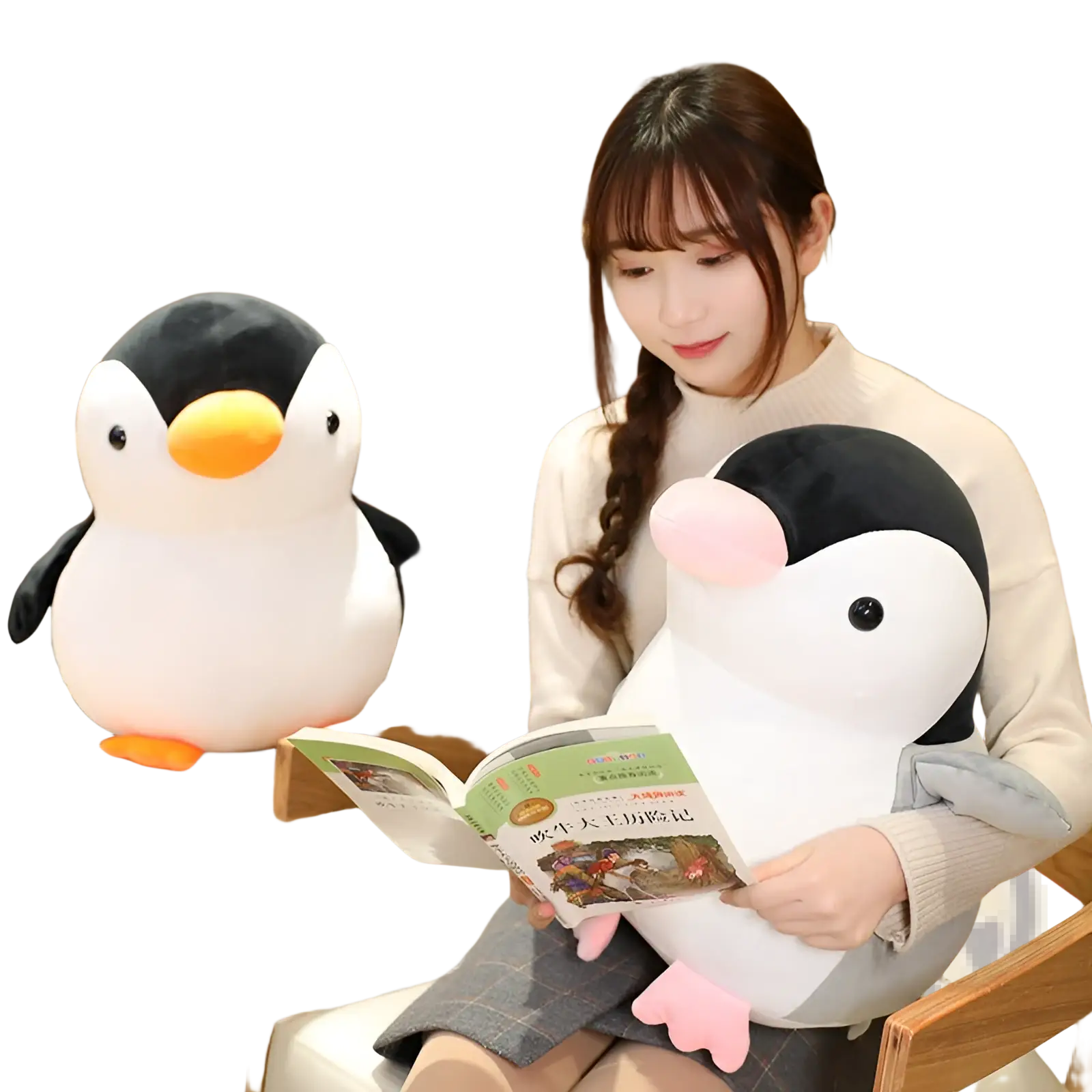 Soft white and black plush penguin toy with orange beak and feet and pink inner wing details for kids and teens