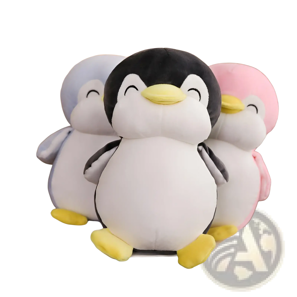 Cute black-and-white plush penguin toy with yellow beak and feet soft stuffed animal for kids sitting front and center