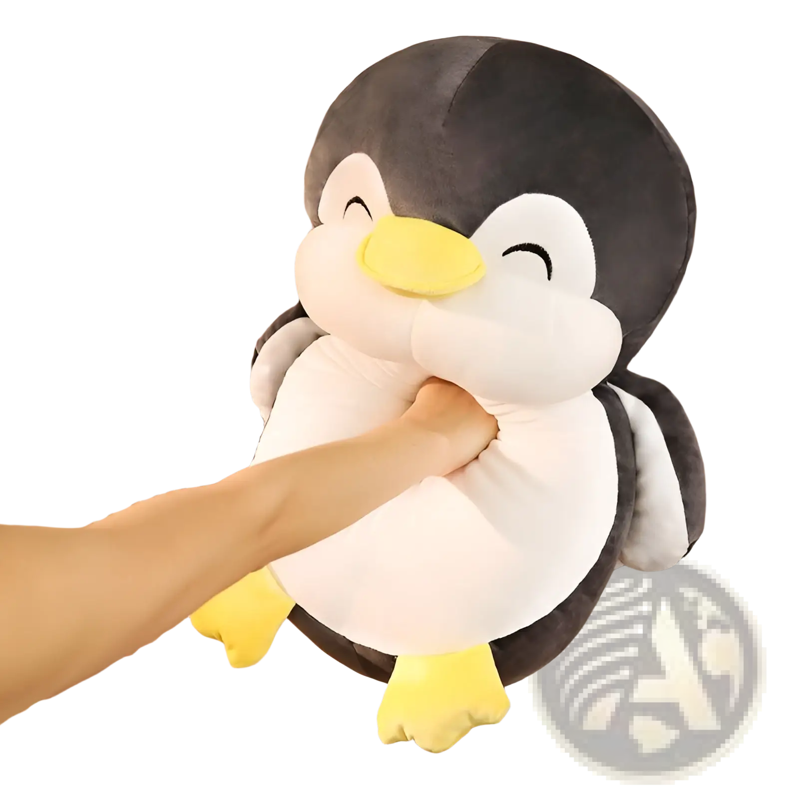 Cute black and white plush penguin toy with yellow beak and feet made of soft fabric for kids