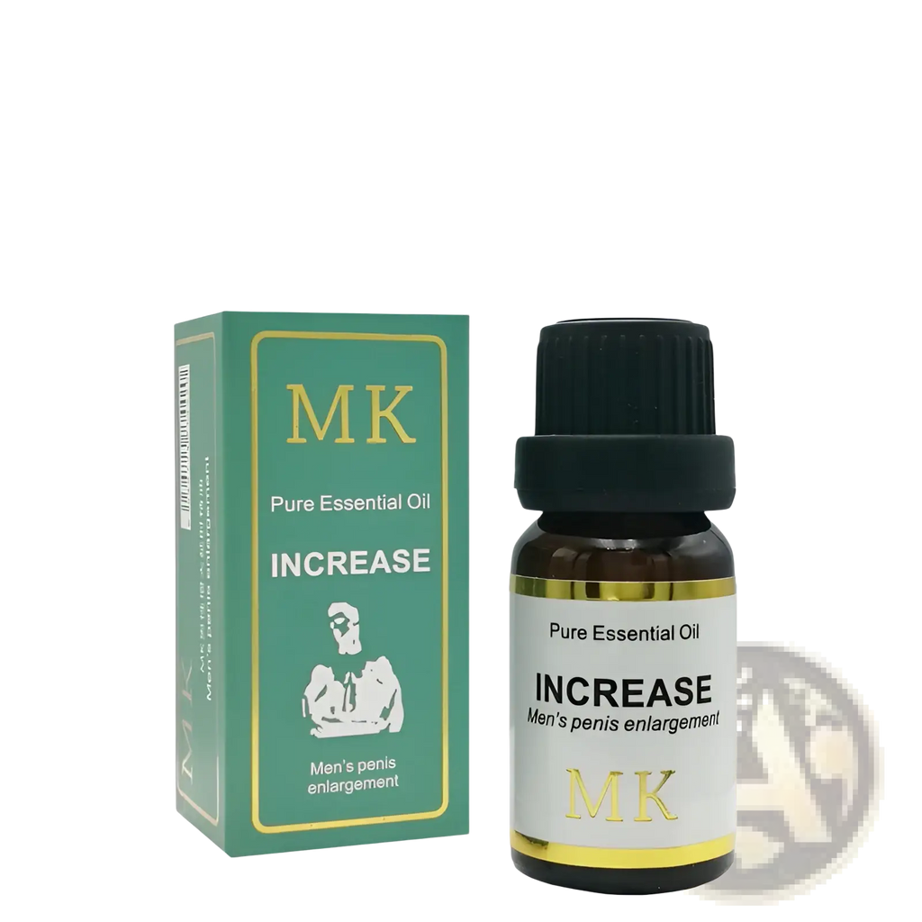 Mk pure essential oil for penis enlargement in a 10ml amber glass bottle with black ribbed cap and gold-trimmed label
