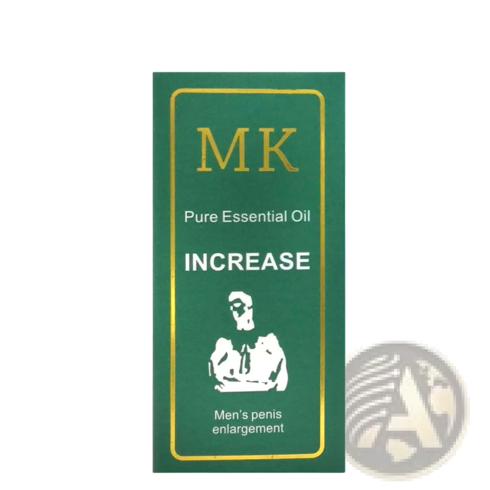 Green rectangular box with gold trim for mk pure penis enlargement essential oil featuring a muscular man silhouette