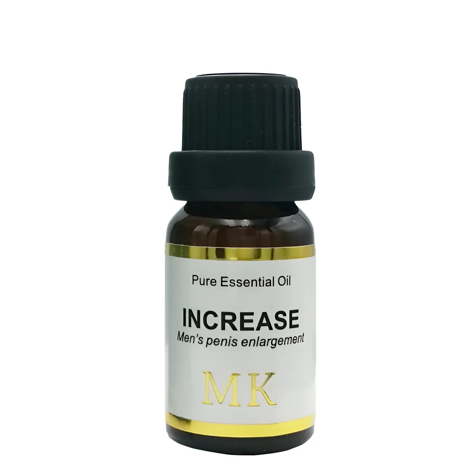 A small amber glass bottle with black cap and white gold-trimmed label for penis enlargement essential oil mk
