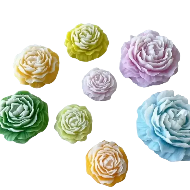 A peony silicone candle mold showcasing intricately crafted multicolored floral soap sculptures in pastel hues