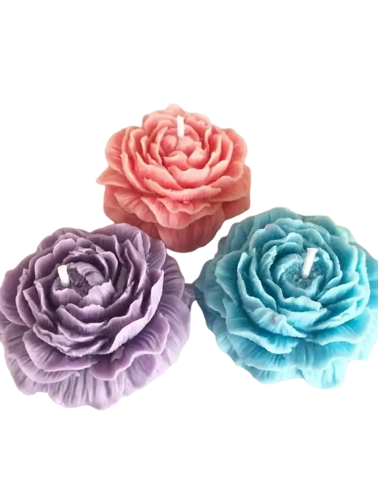 Peony silicone candle mold diy floral soap resin tool with three rose-shaped candles in pink lavender and teal hues
