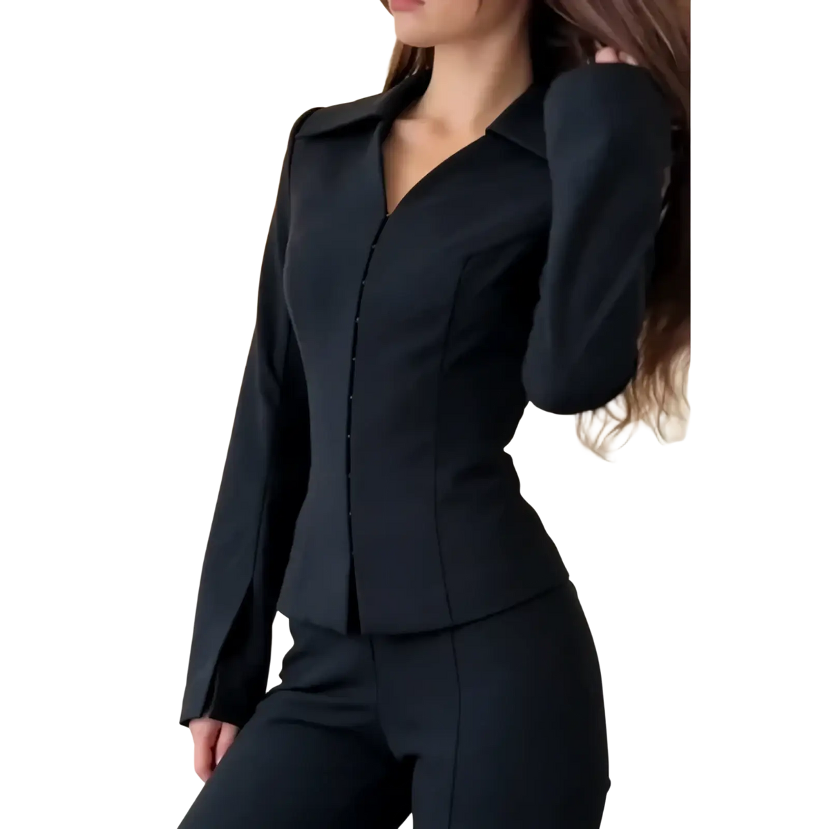 Black tailored peplum blazer with long sleeves and button-down front as part of a flared trouser suit set
