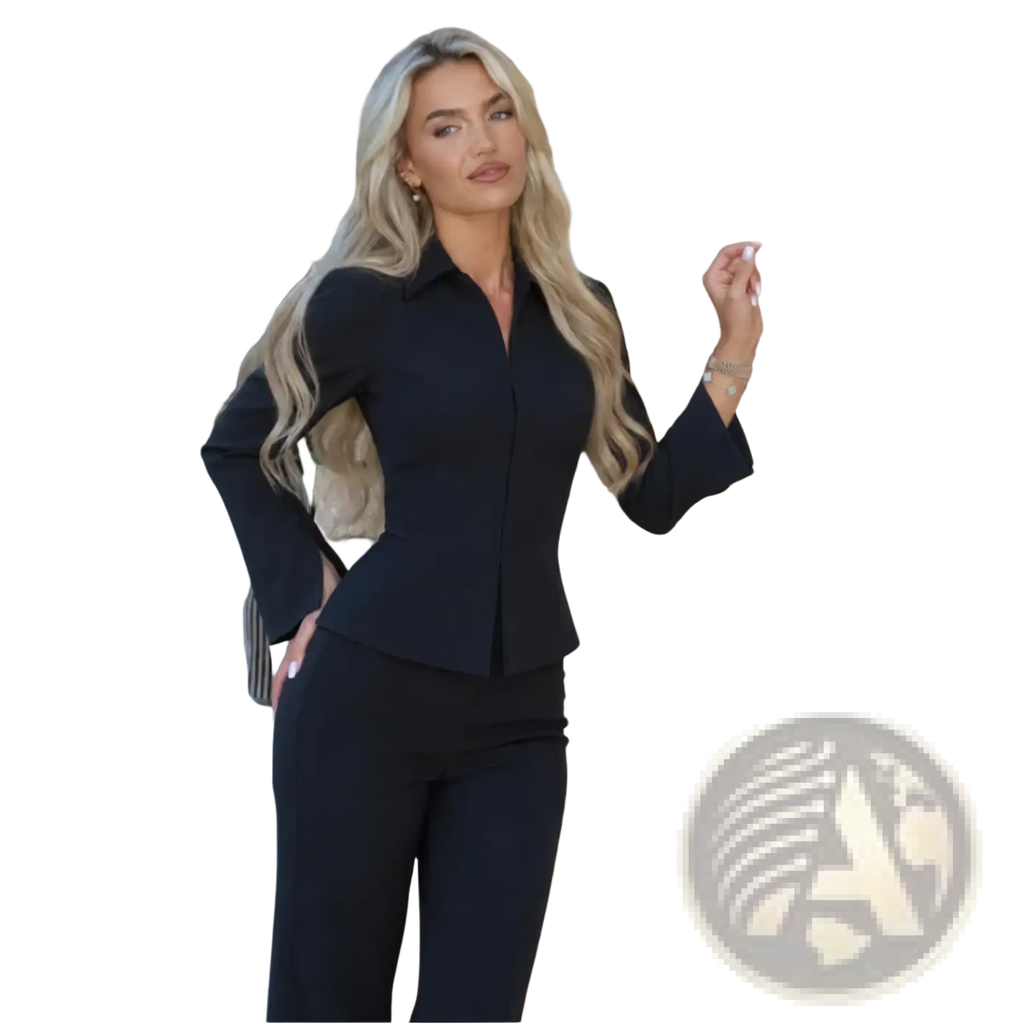 Black tailored blouse with flared sleeves and peplum hem, part of peplum blazer and flared trouser suit set