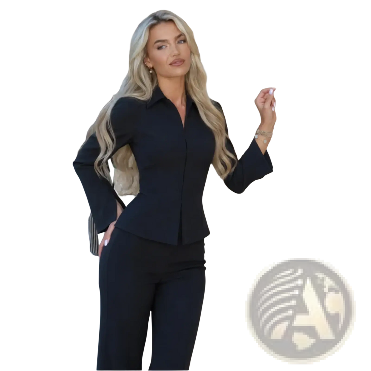 Black tailored blouse with flared sleeves and peplum hem, part of peplum blazer and flared trouser suit set