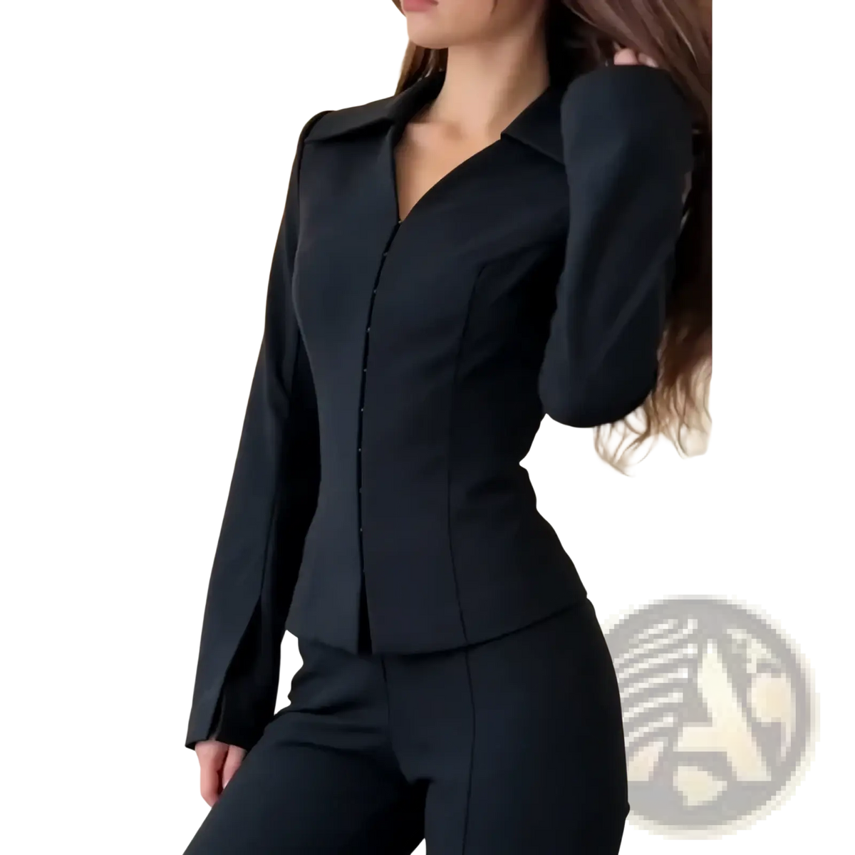 Black tailored peplum blazer with long sleeves and button-down front as part of a flared trouser suit set