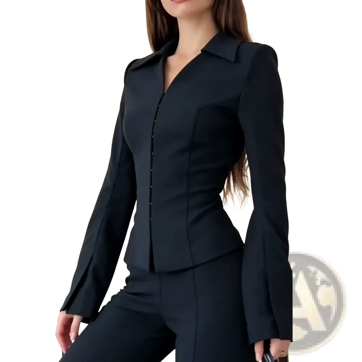Black tailored peplum blazer with flared sleeves and structured collar in a flared trouser suit set