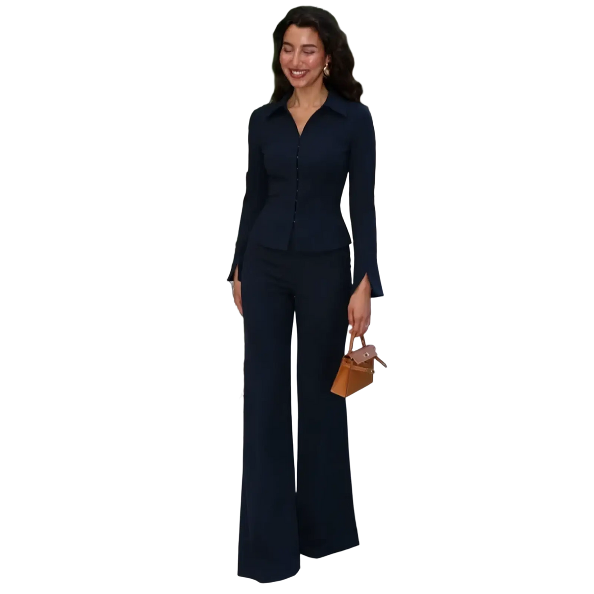 Navy blue tailored peplum blazer and flared trouser suit set with button-down blouse in a formal elegant design