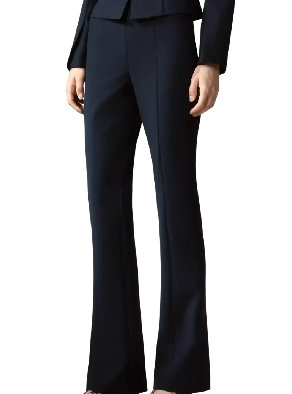 Navy blue tailored flared trousers with sleek structured design and subtle vertical seam detailing from peplum blazer suit set