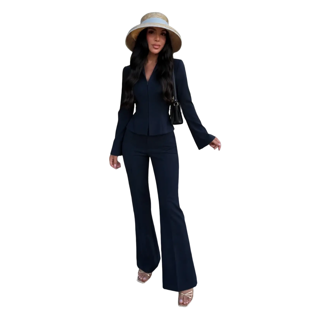 Navy blue tailored peplum blazer and flared trouser suit set made from high-quality fabric for formal occasions