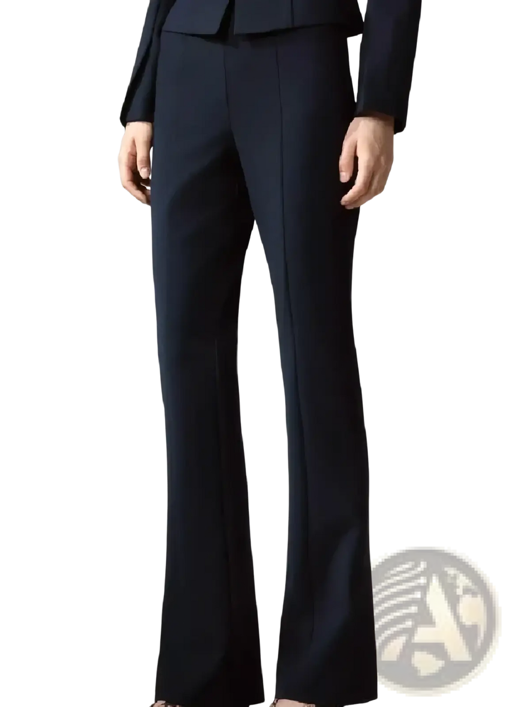 Navy blue tailored flared trousers with sleek structured design and subtle vertical seam detailing from peplum blazer suit set