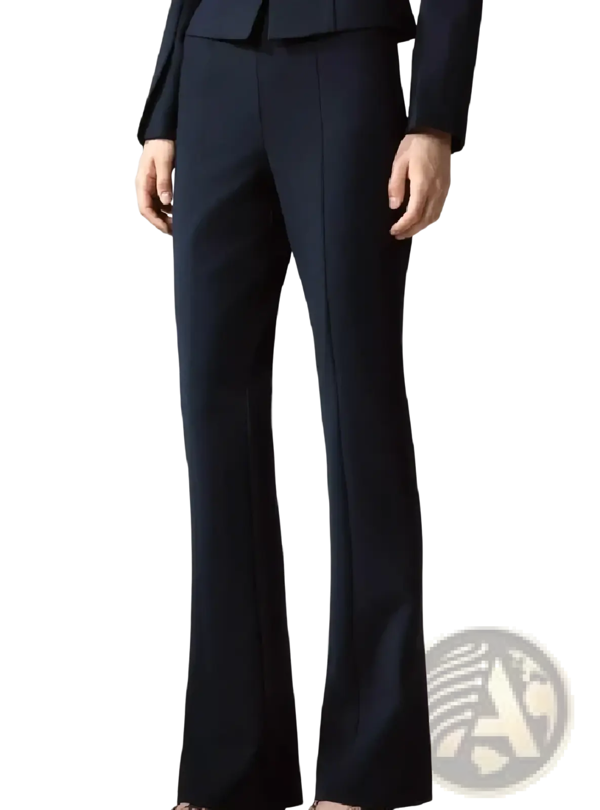 Navy blue tailored flared trousers with sleek structured design and subtle vertical seam detailing from peplum blazer suit set