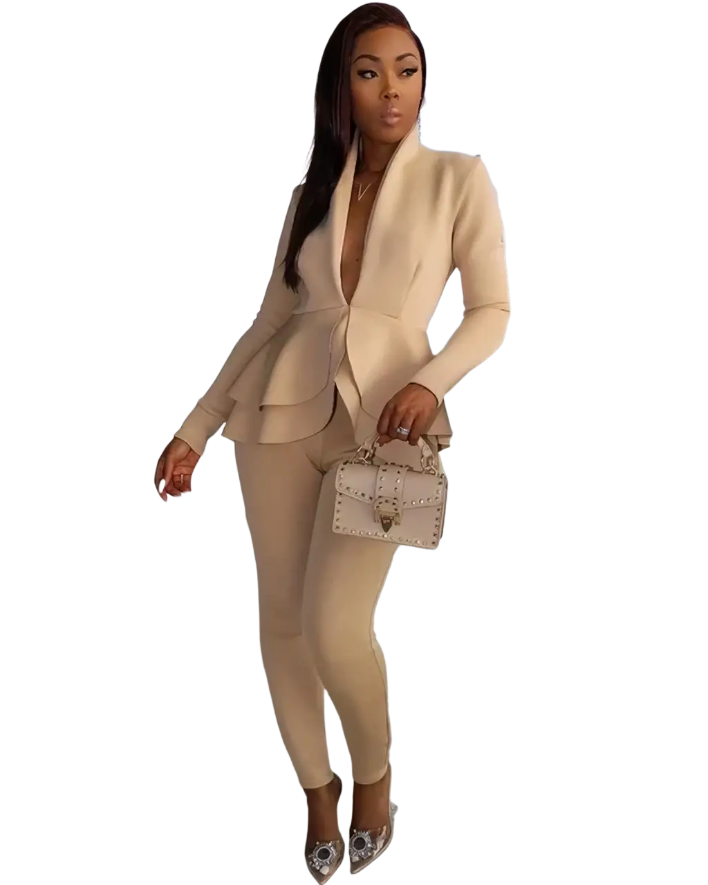 Beige peplum blazer with structured fit and subtle ruffled hem as part of a women tracksuit set