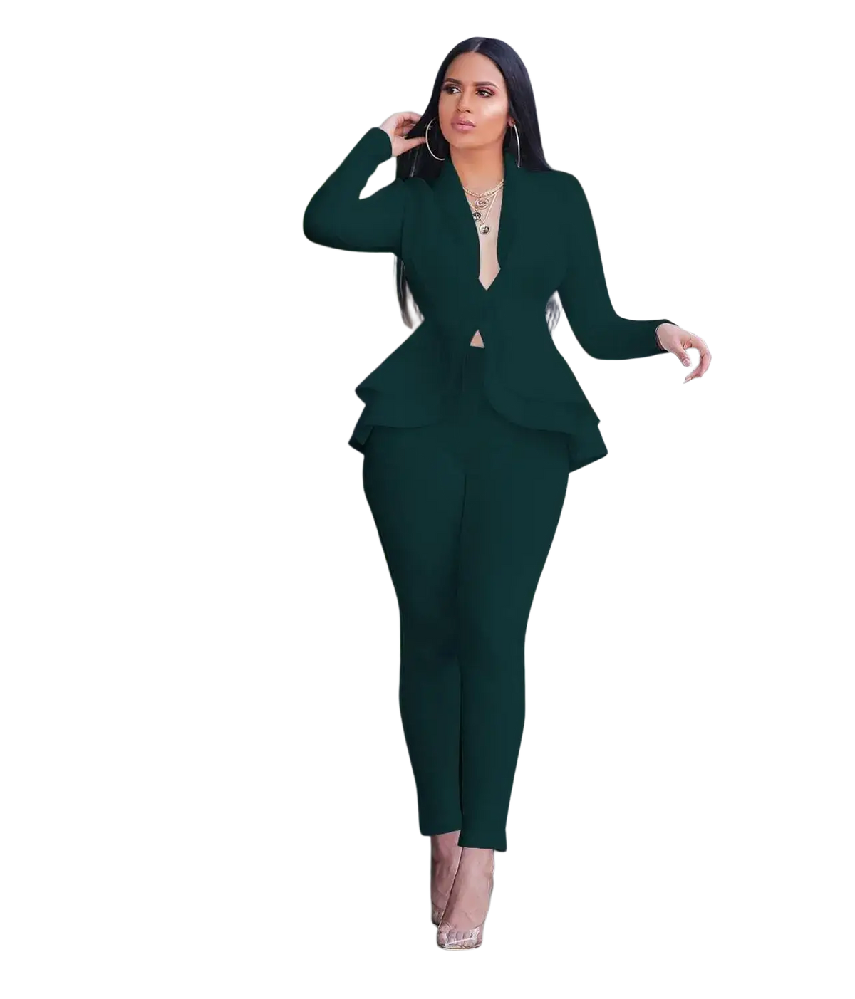Emerald green peplum blazer and matching pants set made from soft fabric for women ideal for stylish formal wear