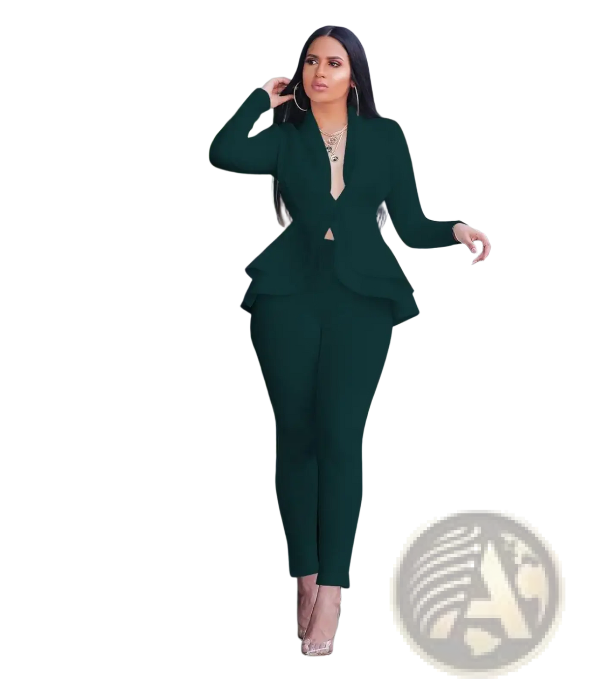 Emerald green peplum blazer and matching pants set made from soft fabric for women ideal for stylish formal wear