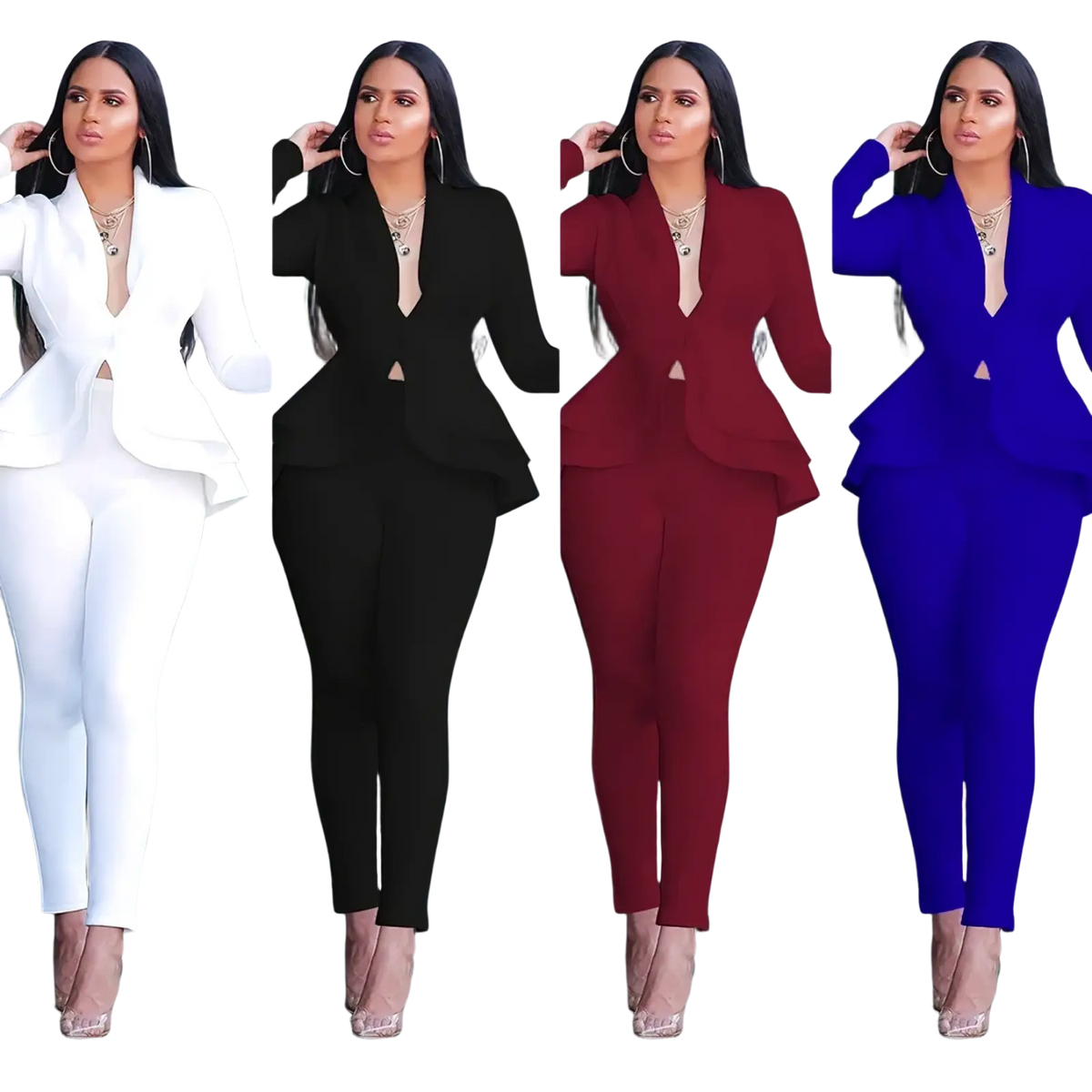 A peplum blazer tracksuit set for women in white, black, burgundy, or royal blue with matching pants