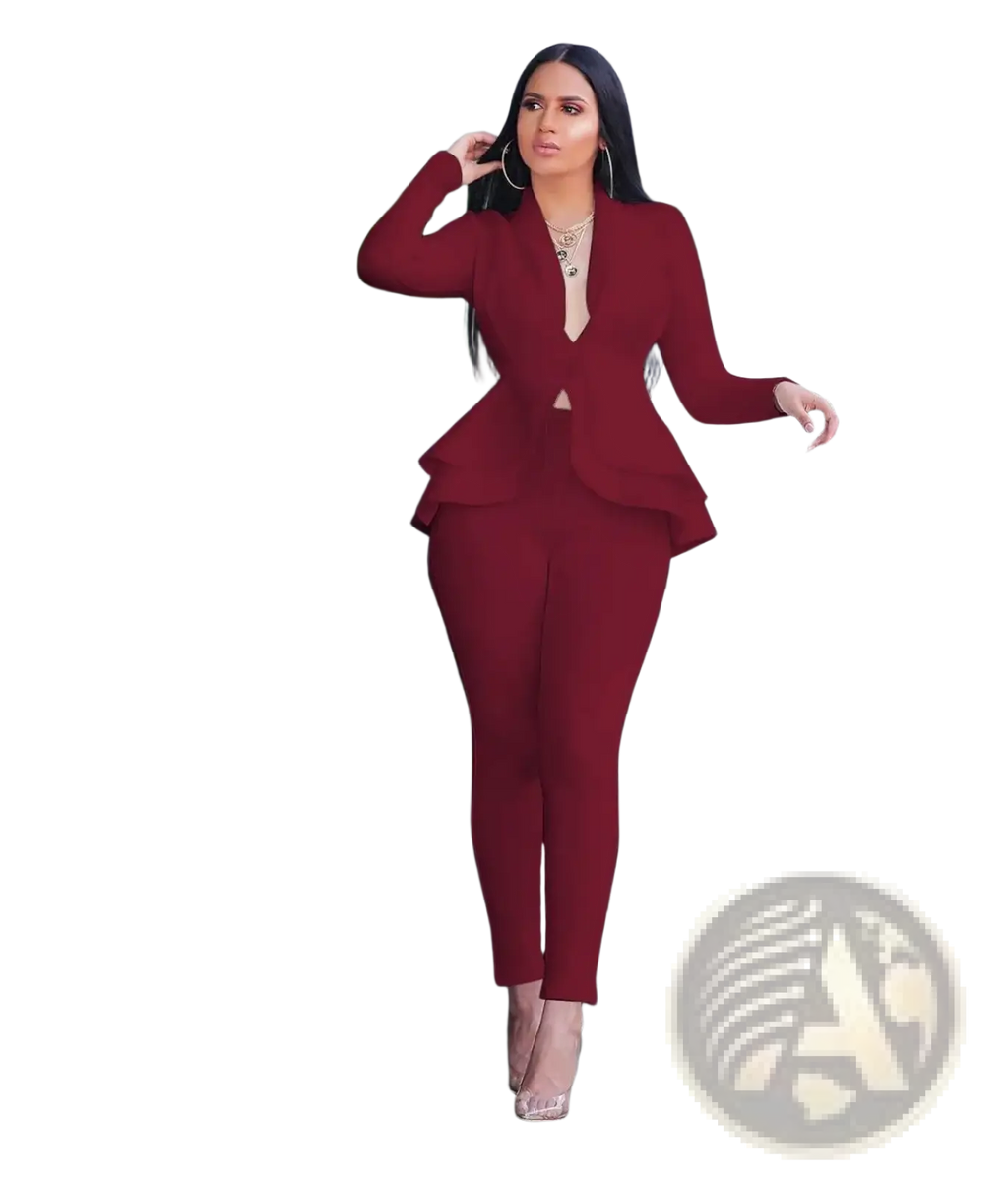 A stylish burgundy two-piece peplum blazer tracksuit set for women featuring tailored pants and elegant design