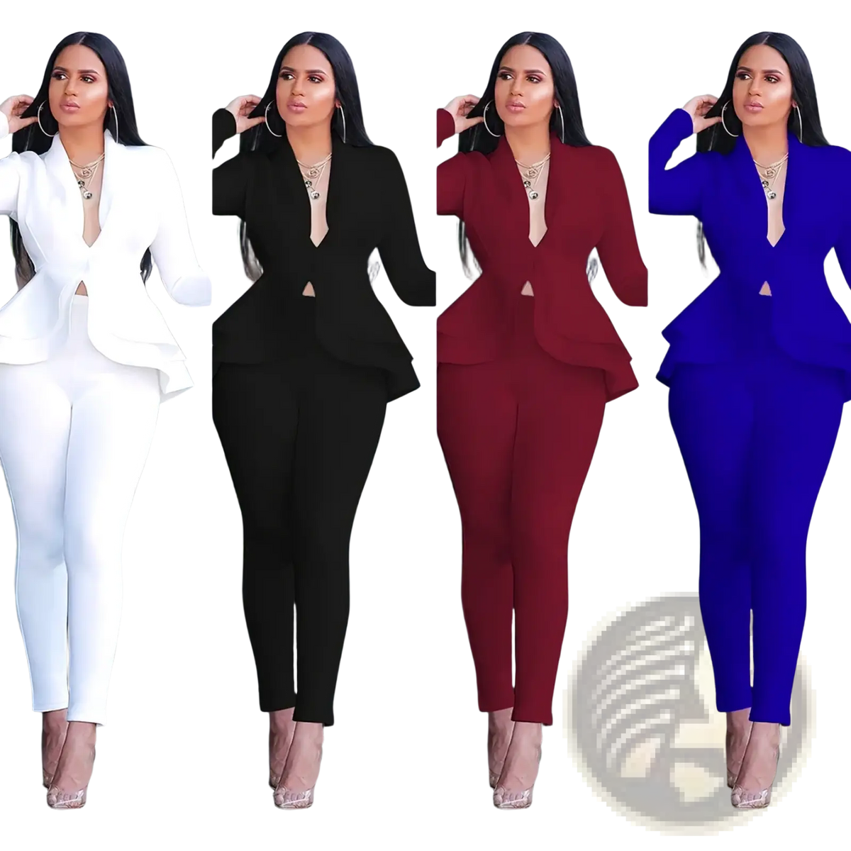 A peplum blazer tracksuit set for women in white, black, burgundy, or royal blue with matching pants