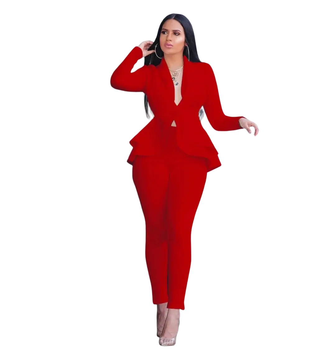 Vibrant red peplum blazer with plunging neckline and cutout detail from the peplum blazer tracksuit set for women
