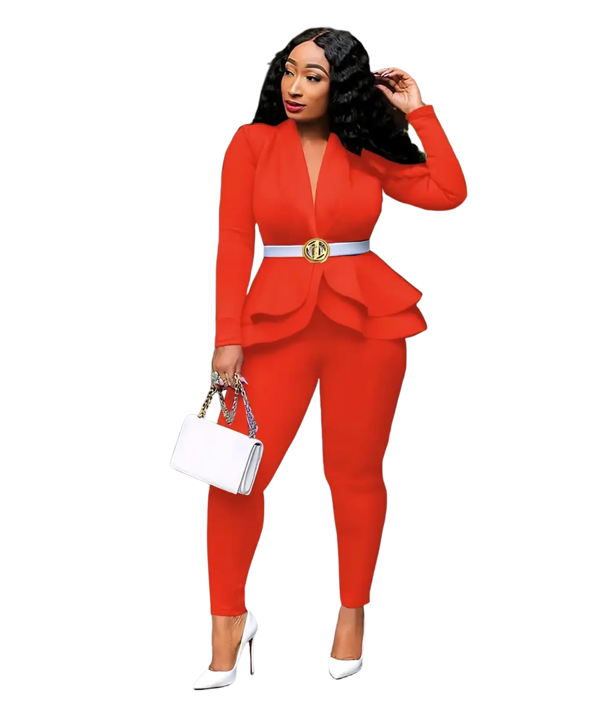 A vibrant red peplum blazer tracksuit set for women with white belt gold buckle and matching leggings