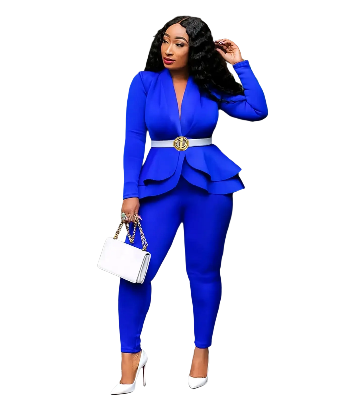 Vibrant royal blue peplum blazer tracksuit set for women with a white belt and gold buckle detail