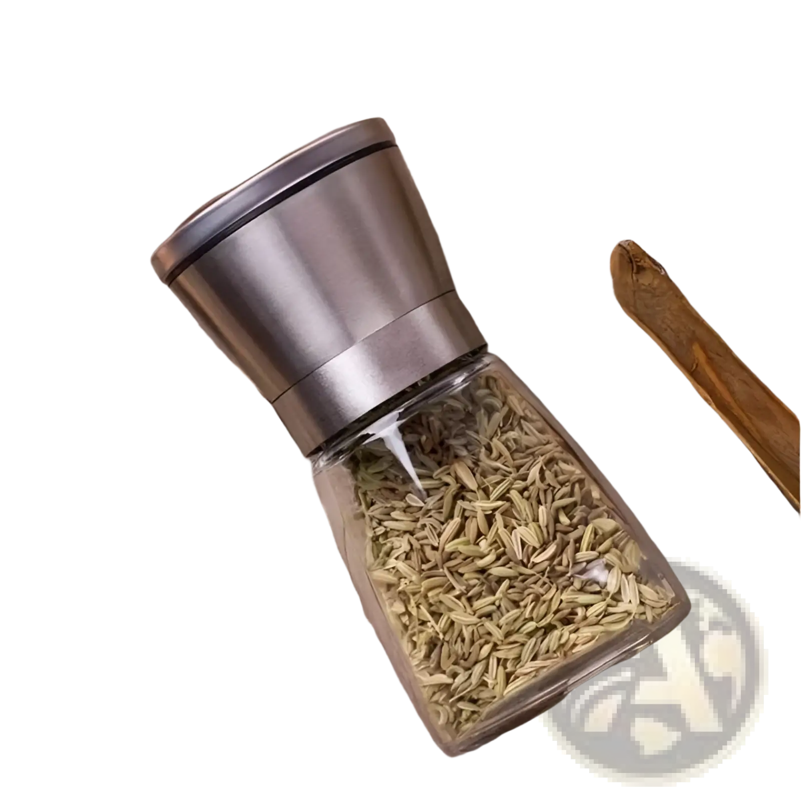 A sleek transparent glass pepper grinder with brushed stainless steel top filled with green fennel seeds in a 4 pack set
