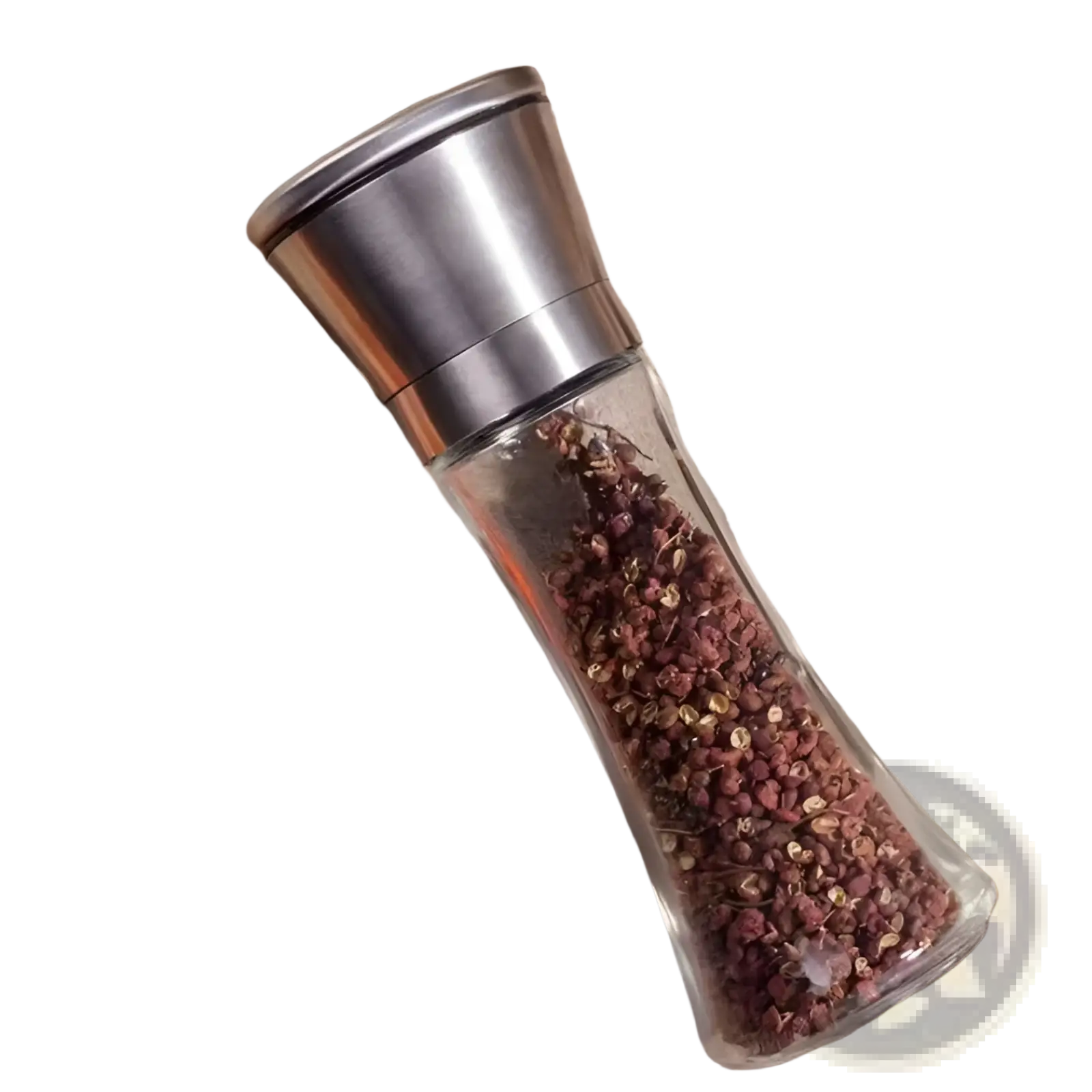 Clear glass pepper grinder with stainless steel top filled with dark red peppercorns in a 4 pack set