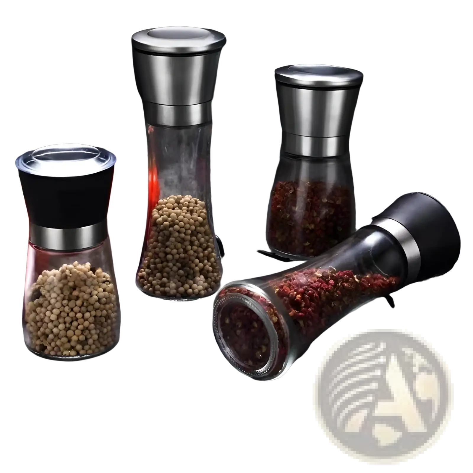 Set of four manual pepper and salt grinders with clear glass bodies stainless steel tops and black accents